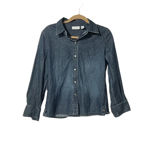Chico’s Chambray Jacket Size Medium Dark Blue Silver Button - Picture 1 of 4